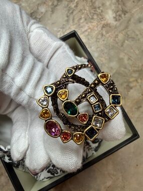 Gucci Gold-Tone Multicolor Adjustable Crystal Double G Ring.
